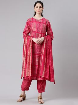 NEERU'S - Women Magenta Cotton Blend Printed Kurta with Pant and Dupatta (Set of 3)