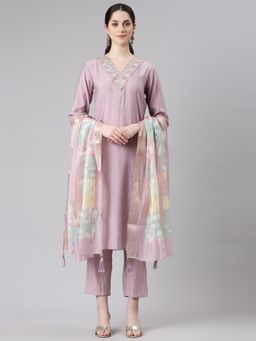 NEERU'S - Women Purple Silk Blend Embroidered Kurta with Pant and Dupatta (Set of 3)