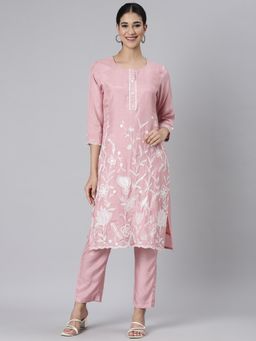 NEERU'S - Women Pink Cotton Blend Embroidered Kurta with Pant (Set of 2)