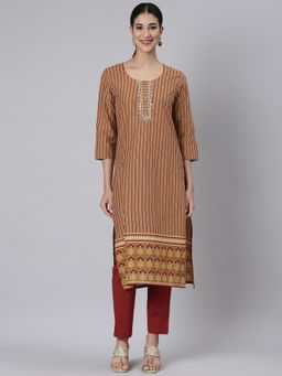 NEERU'S - Women Brown Cotton Blend Printed Kurta with Pant (Set of 2)