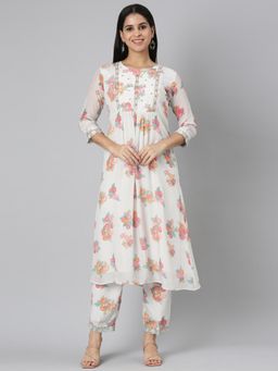 NEERU'S - Women Off White Satin Floral Kurta with Pant (Set of 2)
