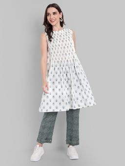 Mera Rang - Women White Cotton Printed Kurta with Pant (Set of 2)