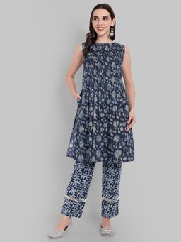 Mera Rang - Women Indigo Cotton Floral Kurta with Pant (Set of 2)