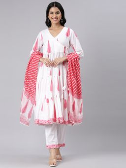 NEERU'S - Women Cream Cotton Blend Printed Kurta with Pant and Dupatta (Set of 3)