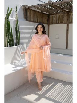 ASRUMO - Women Peach Doriya Embroidered Kurta and Pant with Dupatta & Slip (Set of 4)