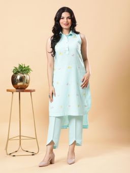 BohoJazz - Women Green Pure Cotton Embroidered Kurta with Pant (Set of 2)