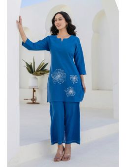 Kohsh - Women Blue Cotton Floral Kurta with Pant (Set of 2)