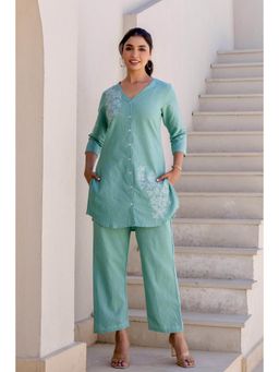 Kohsh - Women Green Cotton Floral Kurta with Pant (Set of 2)