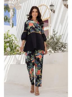 Kohsh - Women Black Cotton Floral Co-Ord (Set of 2)