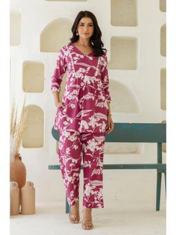 Kohsh - Women Purple Cotton Floral Kurta with Pant (Set of 2)