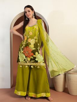 Chhabra 555 - Women Green Italian Crepe Printed Kurta with Palazzo and Dupatta (Set of 3)