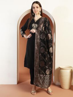 Chhabra 555 - Women Black Cotton Satin Embroidered Kurta with Pant and Dupatta (Set of 3)