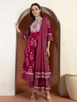 Chhabra 555 - Women Purple Cotton Floral Anarkali Kurta with Pant and Dupatta (Set of 3)
