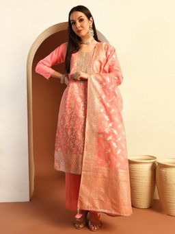 Chhabra 555 - Women Pink Chanderi Woven Kurta with Palazzo and Dupatta (Set of 3)