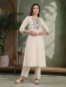 Nayam by lakshita - Women Beige Pure Cotton Embroidered Kurta with Pant (Set of 2)