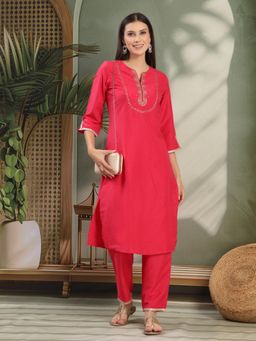 Nayam by lakshita - Women Pink Silk Blend Embroidered Kurta with Pant (Set of 2)