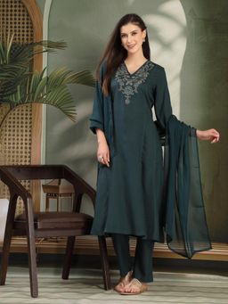 Nayam by lakshita - Women Green Viscose Rayon Embroidered Kurta with Pant and Dupatta (Set of 3)
