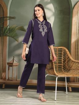 Nayam by lakshita - Women Purple Pure Cotton Embroidered Kurta with Pant (Set of 2)