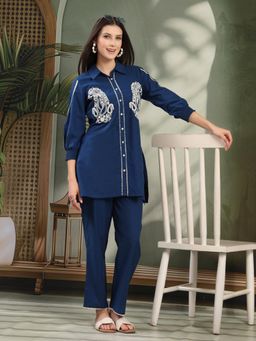 Nayam by lakshita - Women Navy Blue Cotton Embroidered Kurti with Pant (Set of 2)