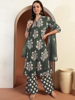 Chhabra 555 - Women Olive Cotton Floral Kurta with Pant and Dupatta (Set of 3)