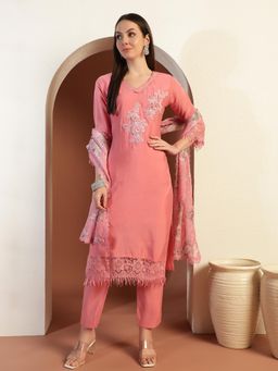 Chhabra 555 - Women Pink Georgette Embroidered Kurta with Pant and Dupatta (Set of 3)