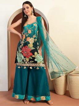 Chhabra 555 - Women Turquoise Italian Crepe Printed Kurta with Palazzo and Dupatta (Set of 3)
