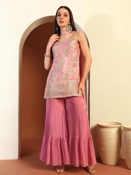 Chhabra 555 - Women Pink Georgette Woven Kurta with Sharara and Dupatta (Set of 3)