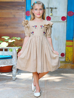 JILMIL - Girls Beige Embroidered Cotton Dress