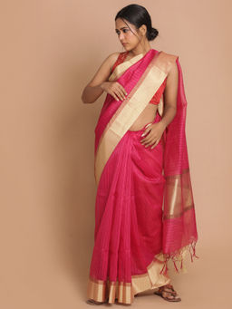 Indethnic - Banarasi Magenta Checked Daily Wear Saree With Unstitched Blouse