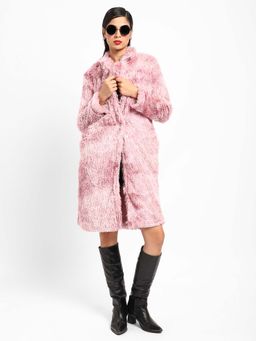 Campus Sutra - Women Blush Pink Single-Breasted Fleece Long Coat