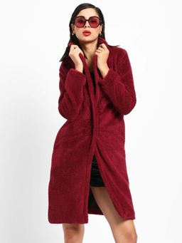 Campus Sutra - Women Red Single-Breasted Fleece Long Coat