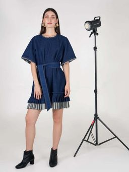 AKSH INDIA - Blue Judy Denim Fringe Dress with Belt