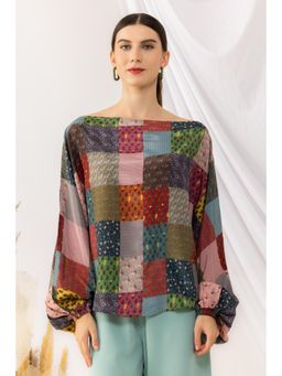 Kovet - Multi-Colour Bohemian Digital Printed Off Shoulder With Balloon Sleeves Top