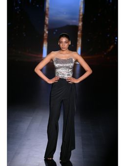 TISHARTH BY SHIVANI - Silver Corset Top with Draped Pant