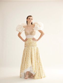 TISHARTH BY SHIVANI - Gold High-Low Gown with Draped Shoulders