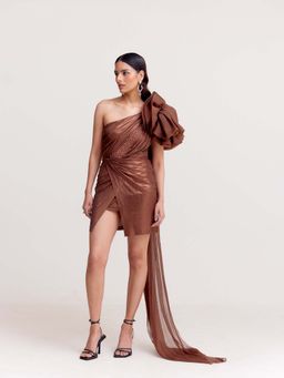TISHARTH BY SHIVANI - Metallic Brown Draped Shorts Dress with Organza Shoulder Ruffle