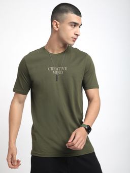 R&B - Mens Olive Typographic Print Regular T-Shirt
