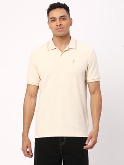 R&B - Mens Cream Solid Regular Polo T-Shirt