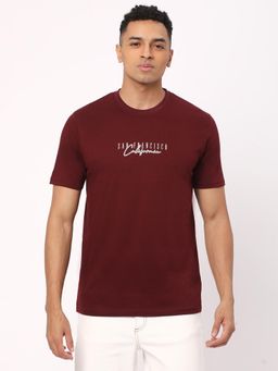 R&B - Mens Maroon Typographic Print Regular T-Shirt