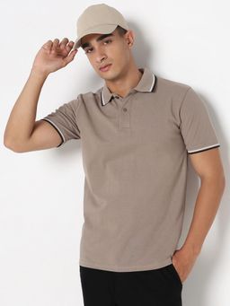 R&B - Mens Beige Solid Regular Polo T-Shirt