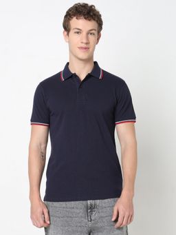 R&B - Mens Navy Blue Solid Regular Polo T-Shirt
