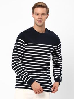 R&B - Mens Navy Blue Stripes Regular T-Shirt