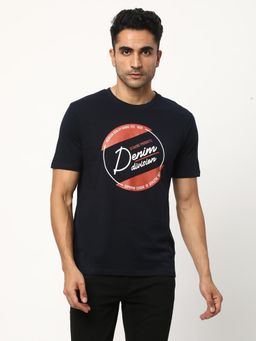 R&B - Mens Navy Blue Typographic Print Regular T-Shirt