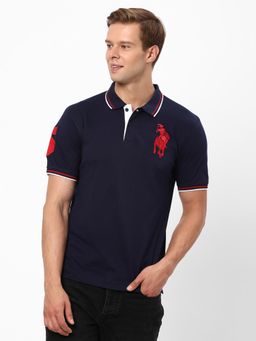 R&B - Mens Navy Blue Solid Regular Polo T-Shirt