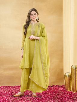 MOKOSH - Women Green Silk Embroidered Handwork Kurta with Palazzo and Dupatta