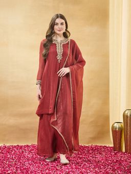 MOKOSH - Women Cherry Red Silk Embroidered Handwork Kurta with Palazzo and Dupatta
