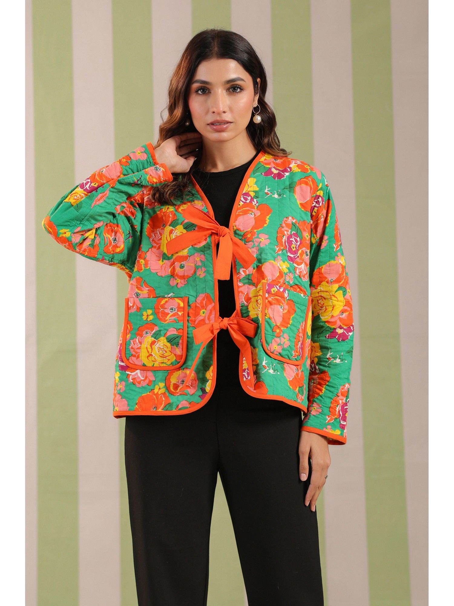 jaipur morni Women Green Cotton Floral Light Jacket-picture-10