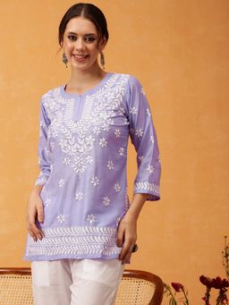 ESTELA - Women Purple Rayon Embroidered Straight Kurti