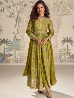 JATRIQQ - Designer Chinon Green Silk Embroidered Work Anarkali Kurta with Pant and Dupatta