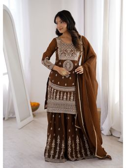 JATRIQQ - Elegant Brown Embroidered Ethnic Kurta with Sharara and Dupatta